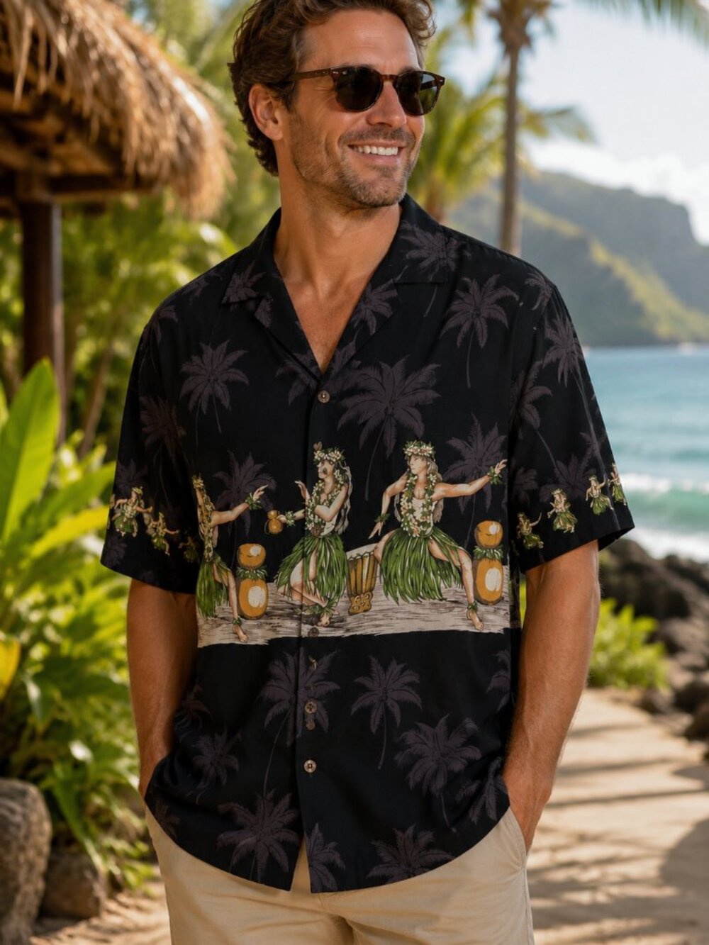 Pacific Legend Men's Vintage Hawaiian Shirt Size XL Dancing Hula Girls Black